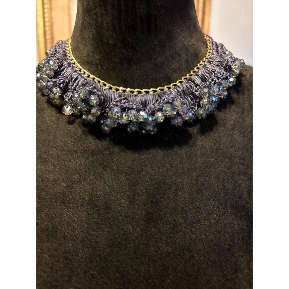 Navy Blue Beaded Collar Necklace Gold Chain Adjustable Lobster Clasp Handcrafted - Picture 2 of 5